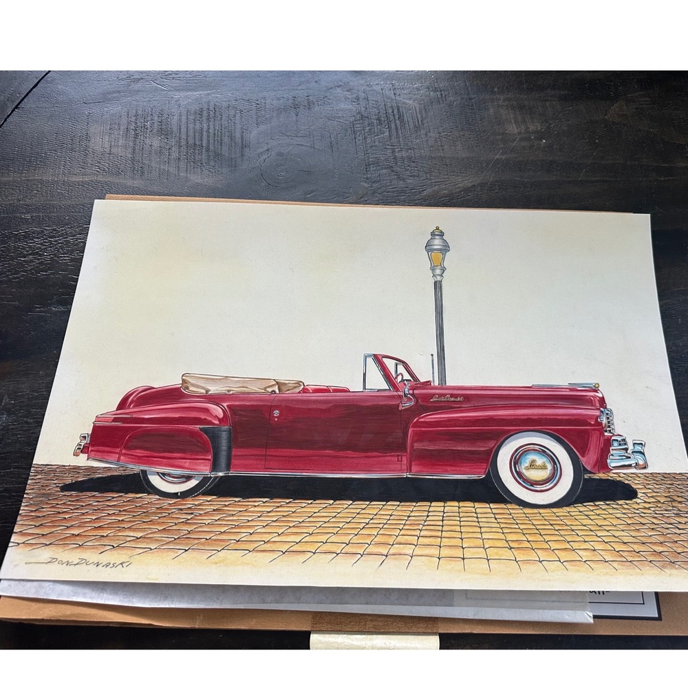 Don Dunaski Signed 1941 Lincoln Continental Convertible Car Art 16x11 EUC